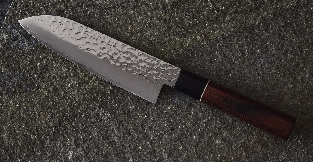 A Damascus knife on display.