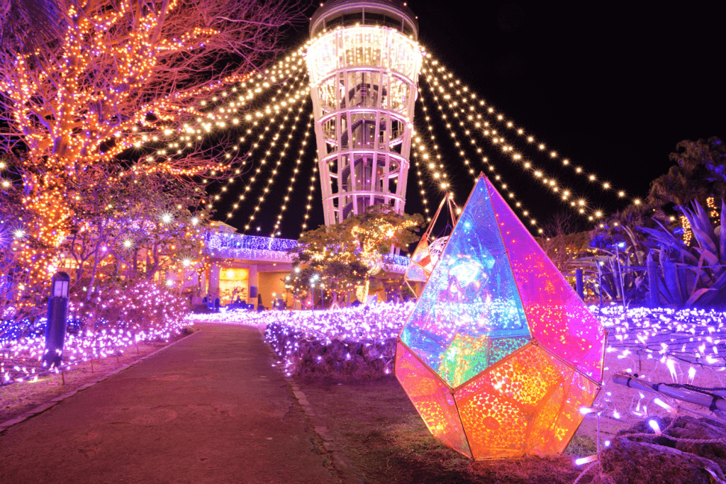The illuminated Enoshima Sea Candle during winter in Japan.