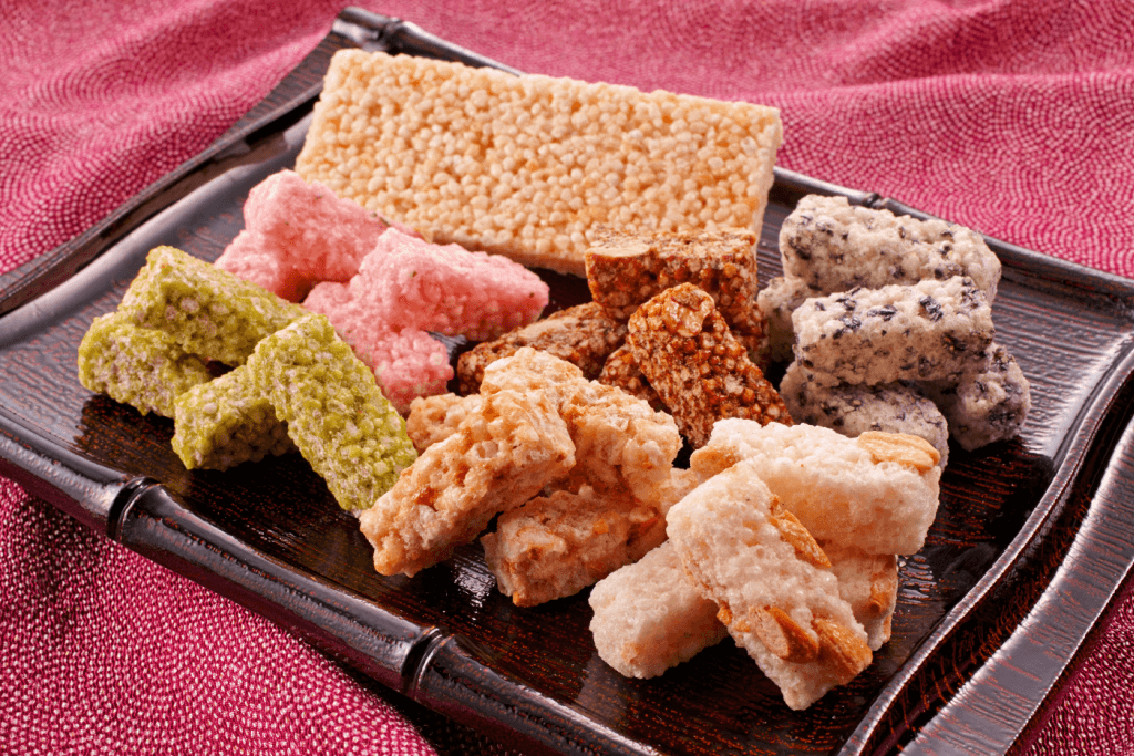 A plate of colorful kaminari okoshi.