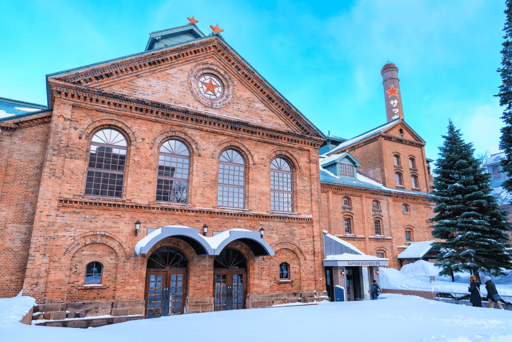 The outside of Sapporo Beer Museum in the snow.