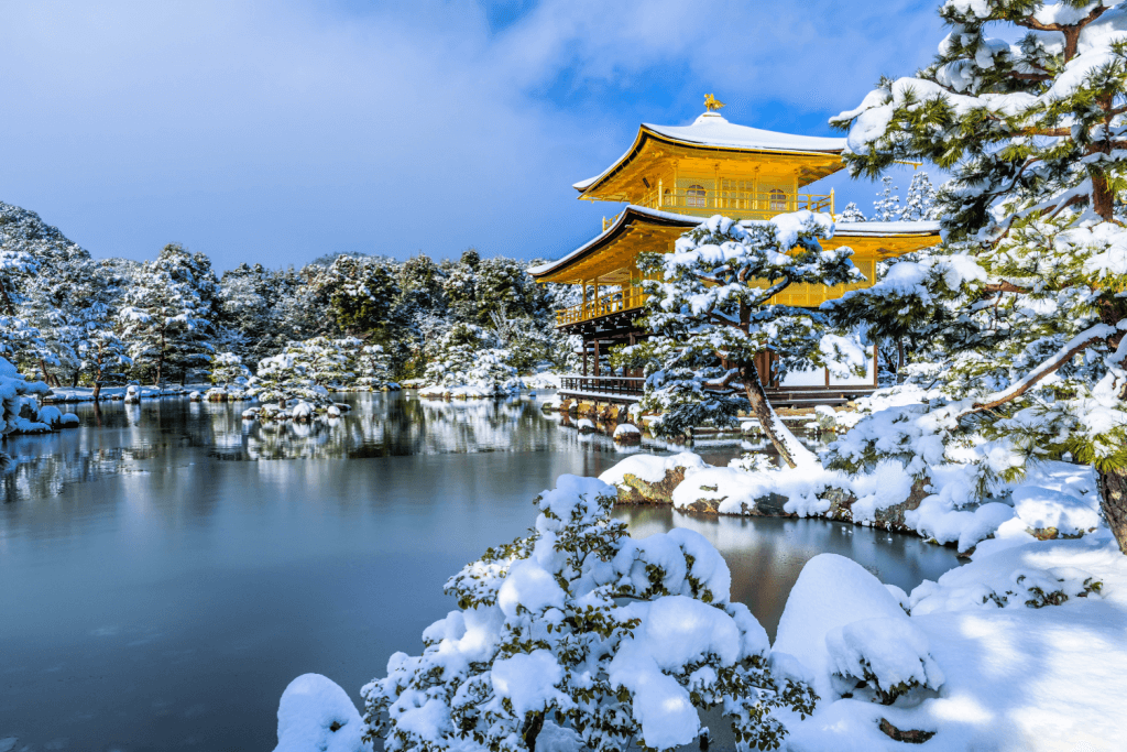 Kinkakuji Temple in Kyoto during winter in Japan.
