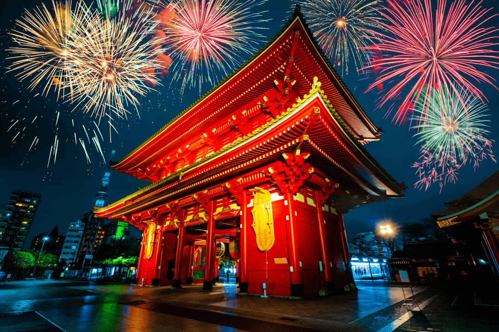Fireworks at Sensoji, one of many Japanese New Year traditions.