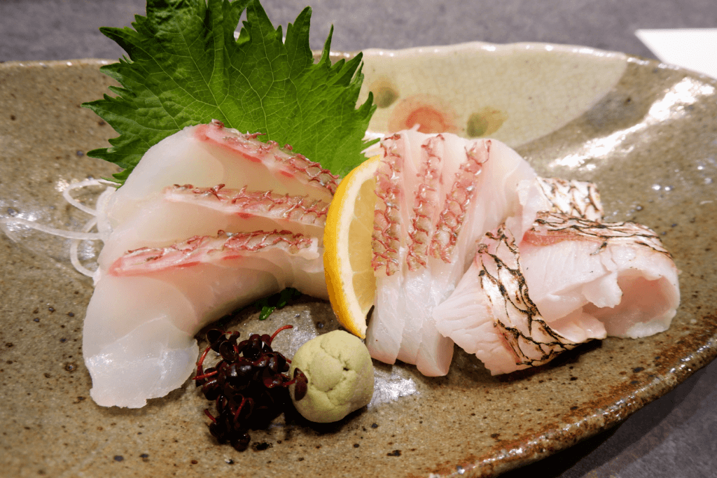 A plate of sea bream sashimi from Kagoshima.