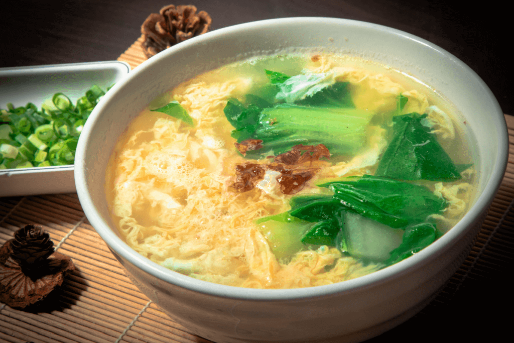 A bowl of kaki tamajiru, or egg drop soup, one of many egg dishes from Japan.