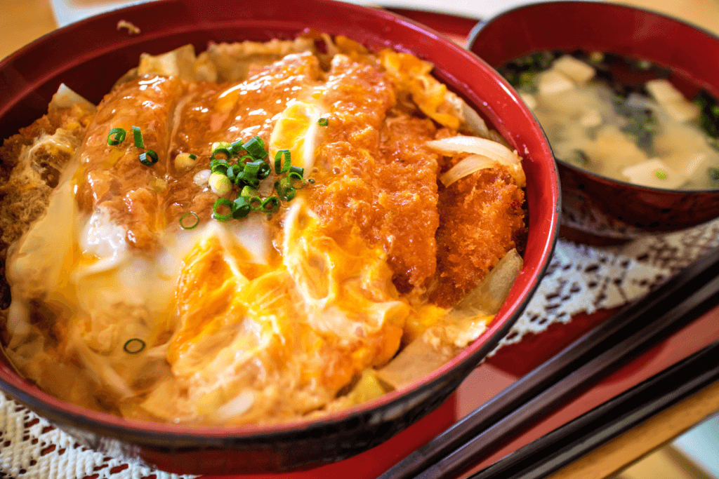 A bowl of katsudon, which is tonkatsu and egg over rice.