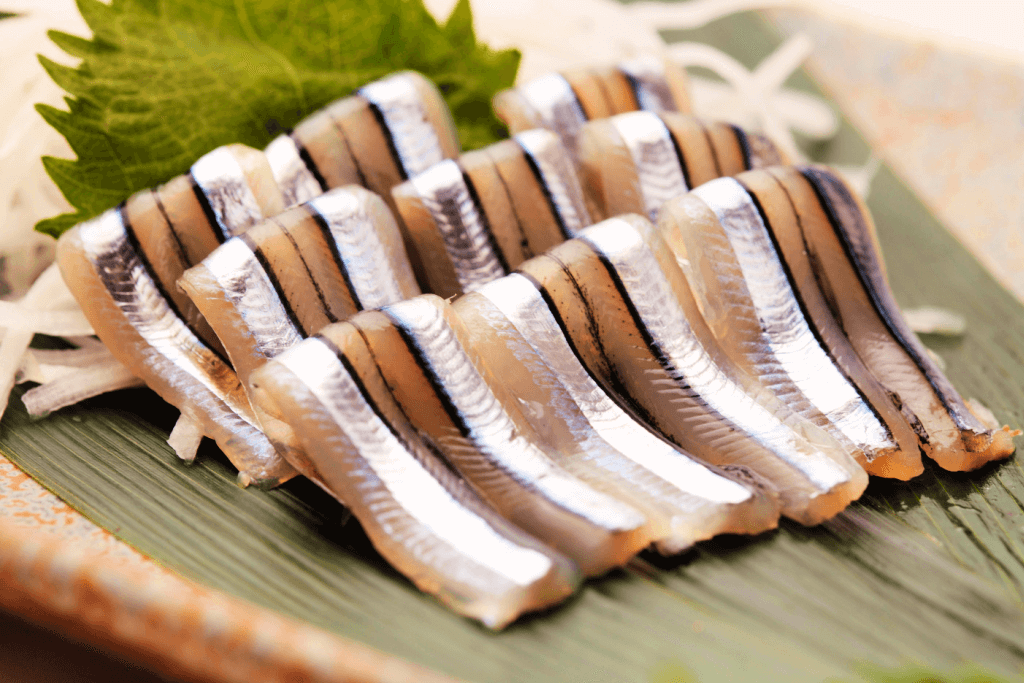 A platter of kibinago sashimi.