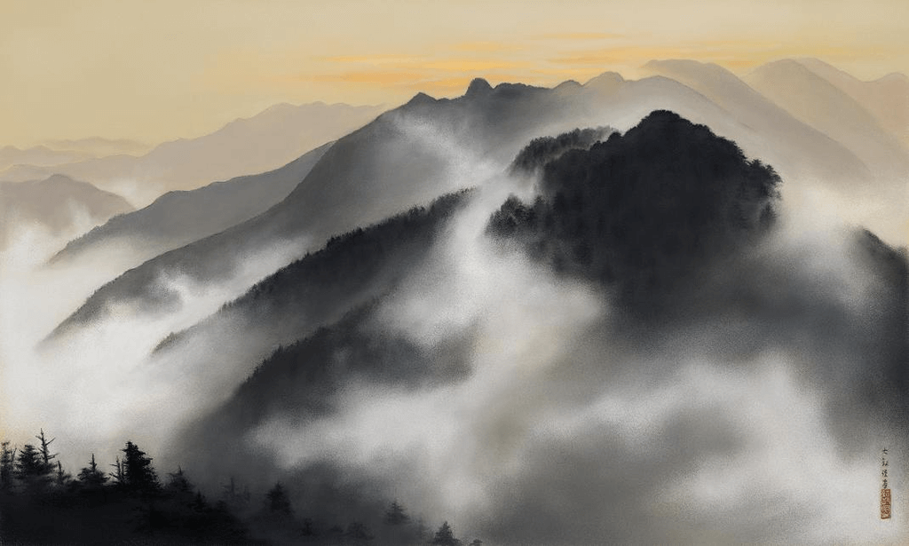 A painting of a wispy mountain in Chichibu.