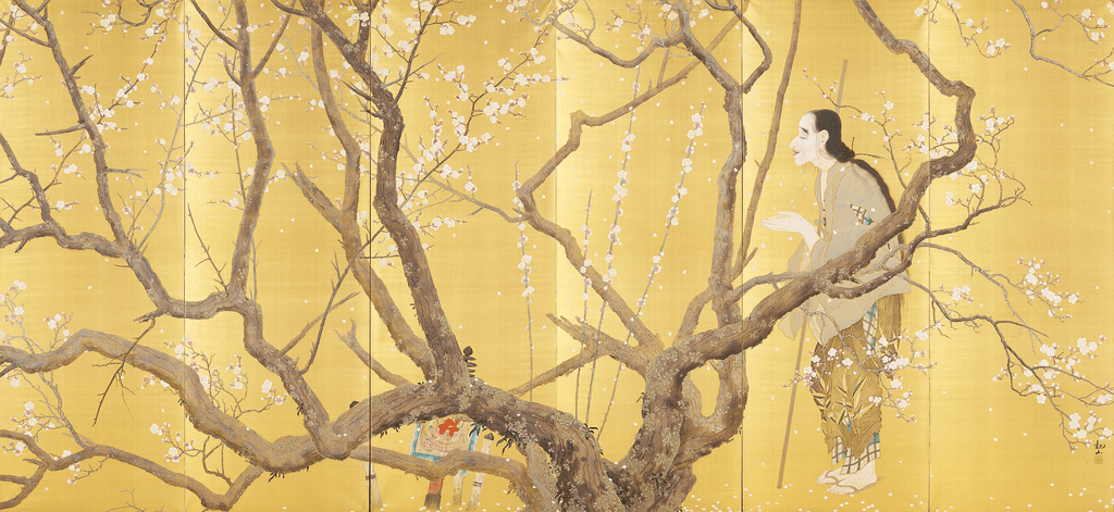 A gold painting of a woman near a tree.