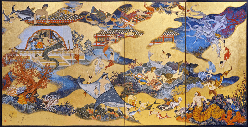 An elaborate and fantastical nihonga painting featuring dragons, clouds and people.