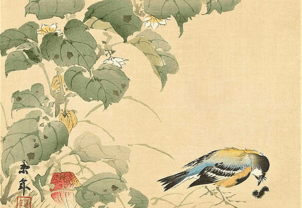 A nihonga painting featuring a robin near a tree.