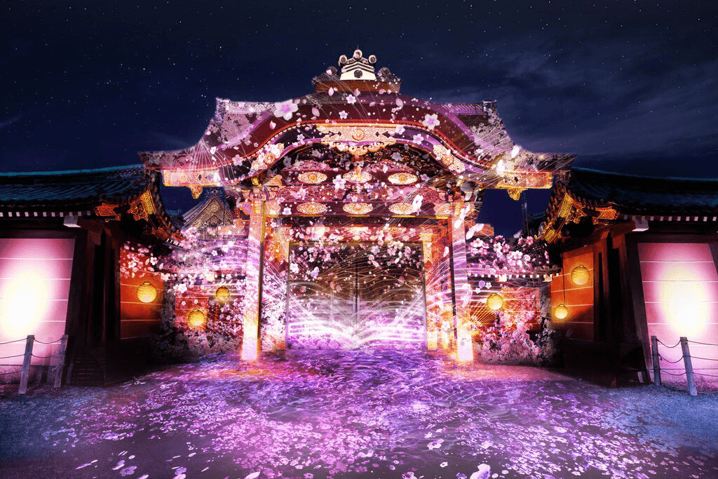 Nijo Castle during the sakura event at night.