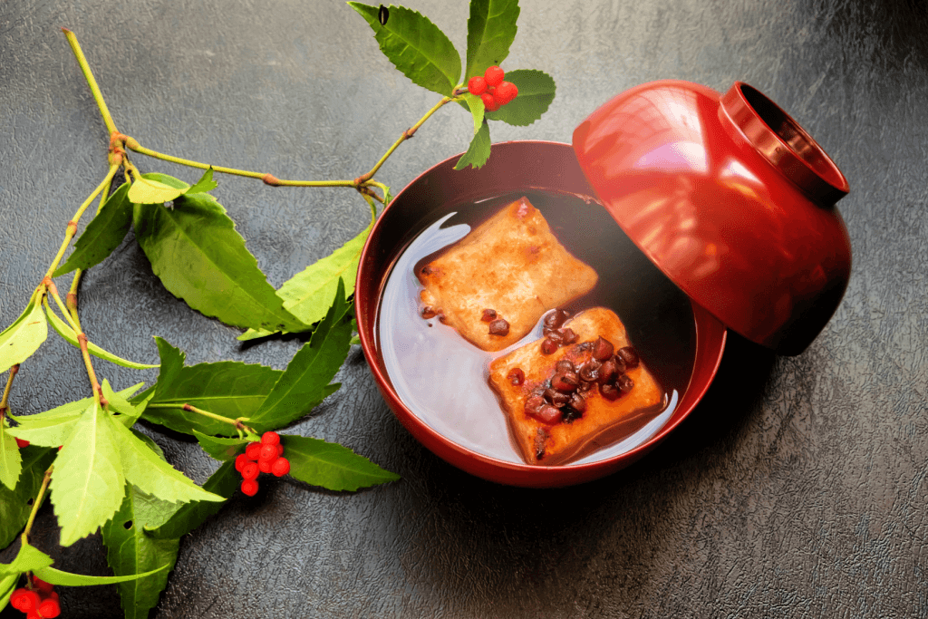 A bowl of oshiruko, red bean porridge with mochi.