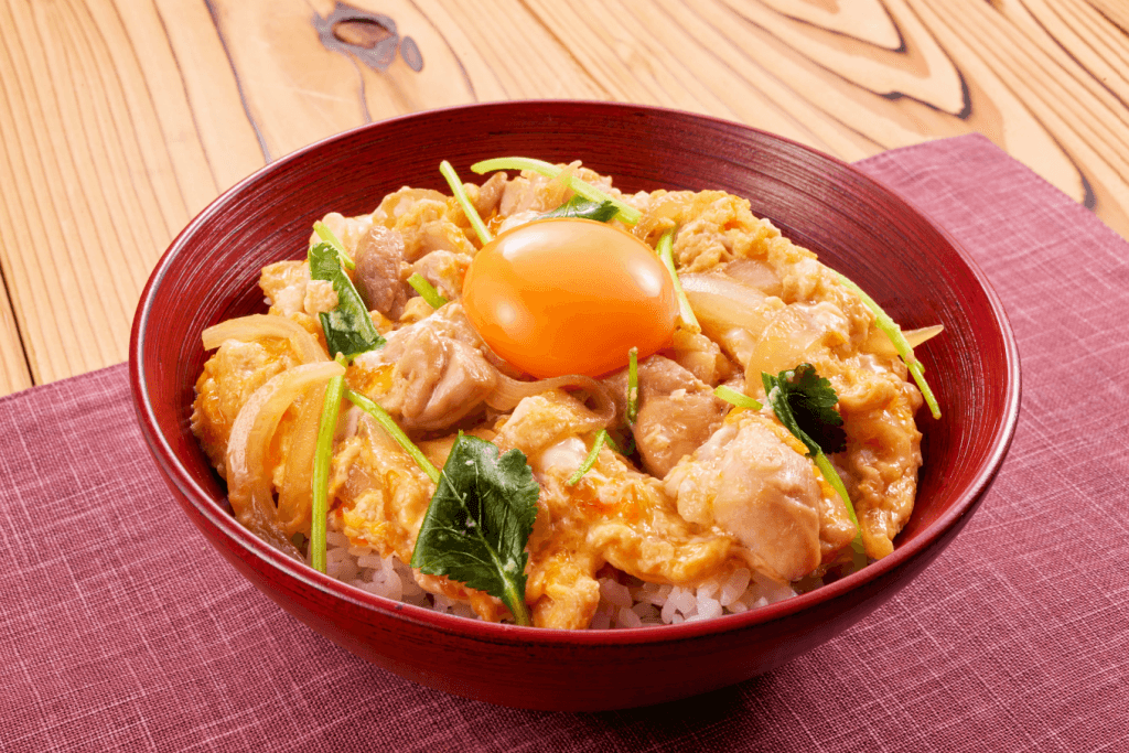 A bowl of oyakodon, simmered chicken and egg. 