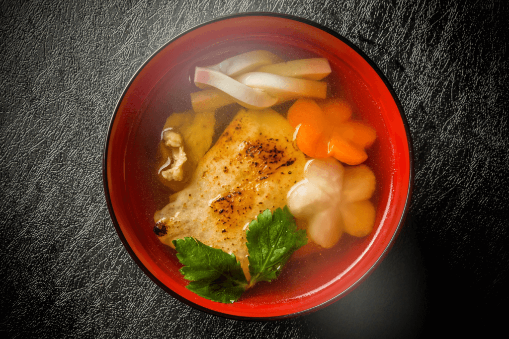 A bowl of ozoni soup, one of many Japanese New Year traditions.