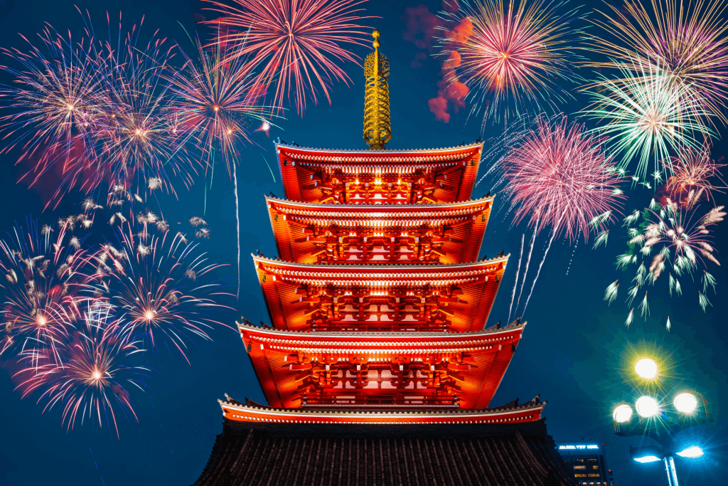 Senso-ji Temple in Asakusa during the New Year's fireworks, a New Year's tradition.