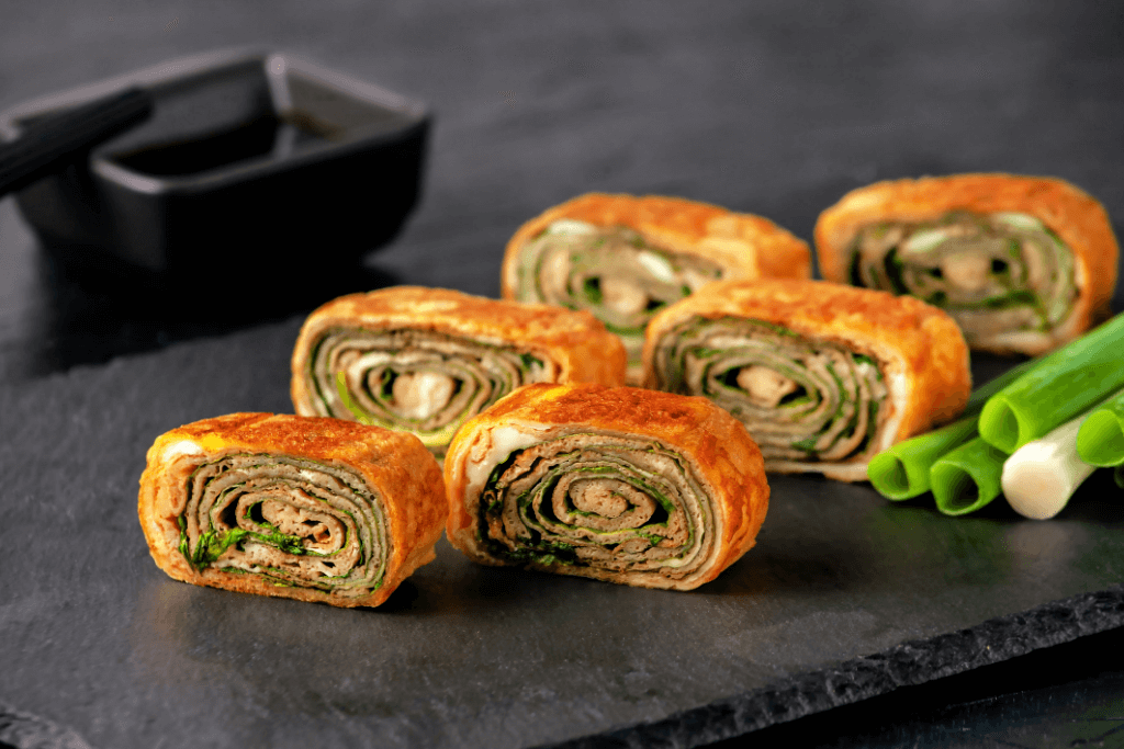 A plate of rolled omelette (tamagoyaki) one of many egg dishes from Japan.