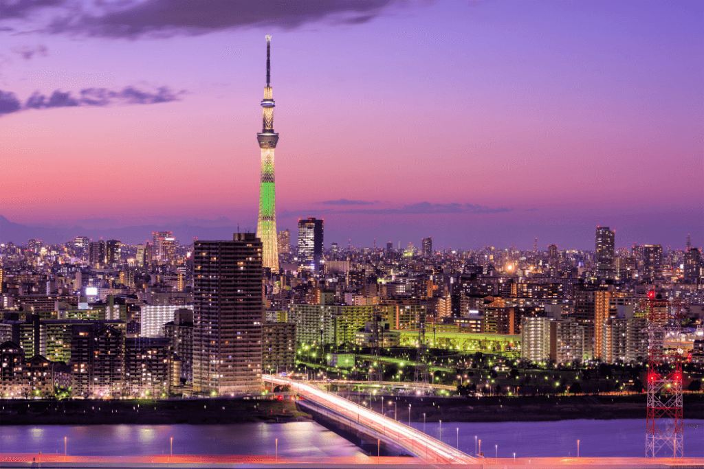 Tokyo Skytree at night, which completed construction in 2012.