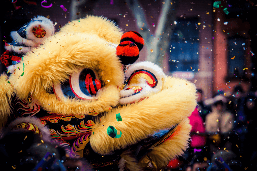 A lion dance at a Chinese New Year parade.