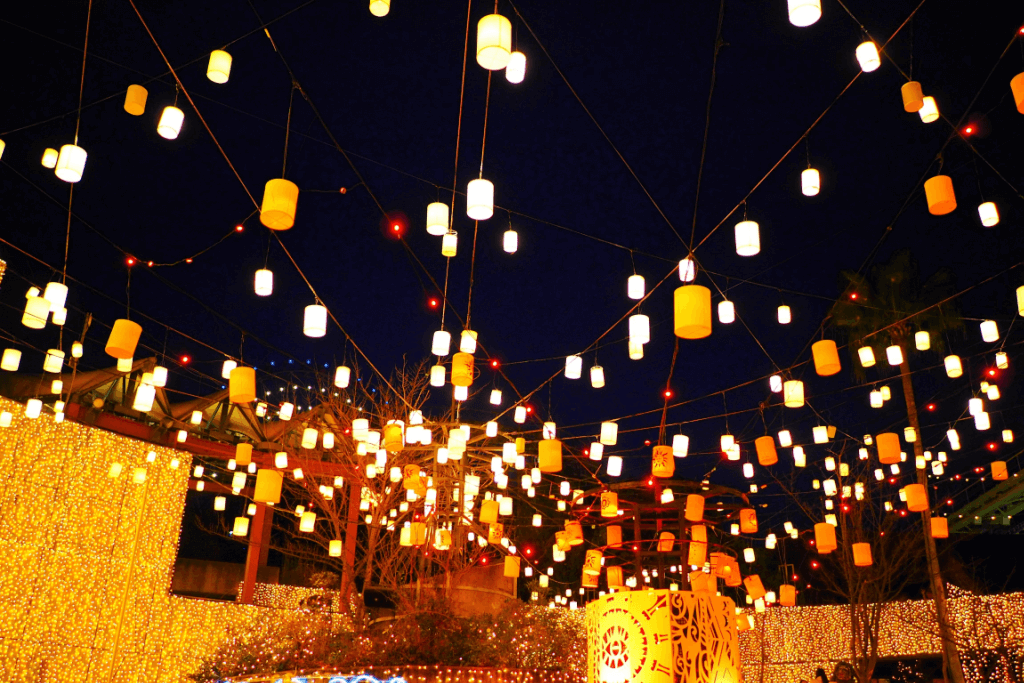 A light display at a February festival in Japan. The Miyajima Oyster Festival also takes place during that time.