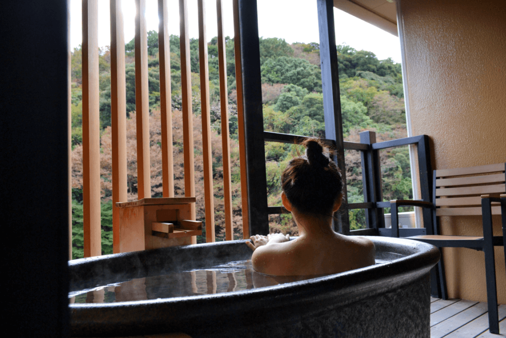 A woman relaxing in a Hakone onsen.