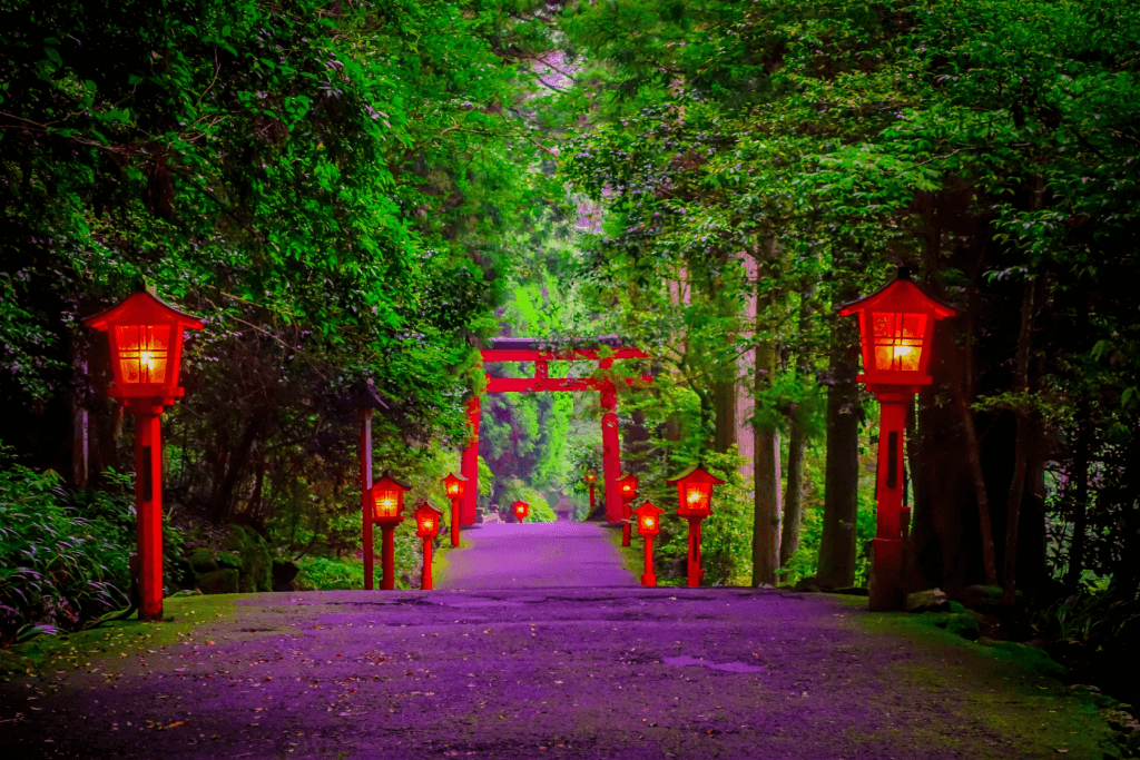 The entrance to Hakone Shrine, the pathway is covered in purple flower petals.