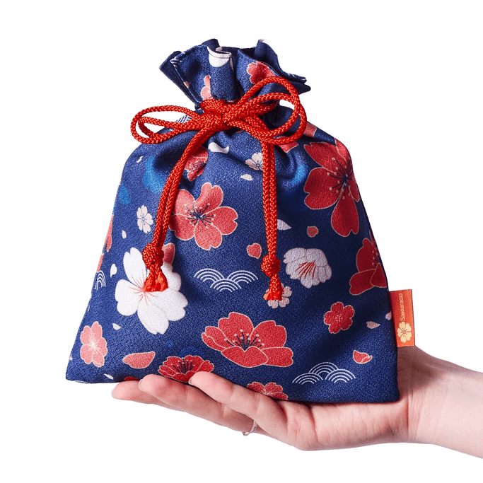 A blue, white and red flroal kinchaku pouch from Sakuraco.