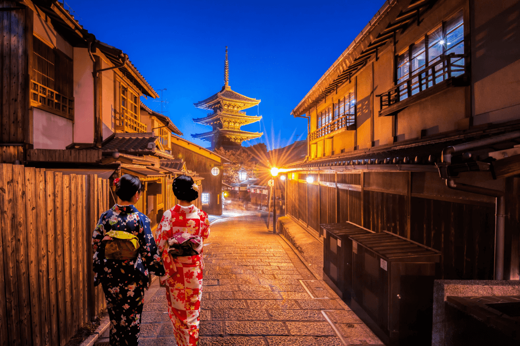 Two women in kimono walking down a dimly lit street in Kyoto.