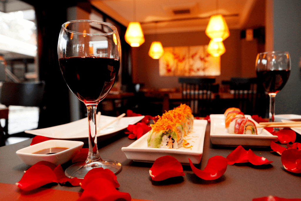 A Valentine's Dinner with red wine and sushi on February 14th.
