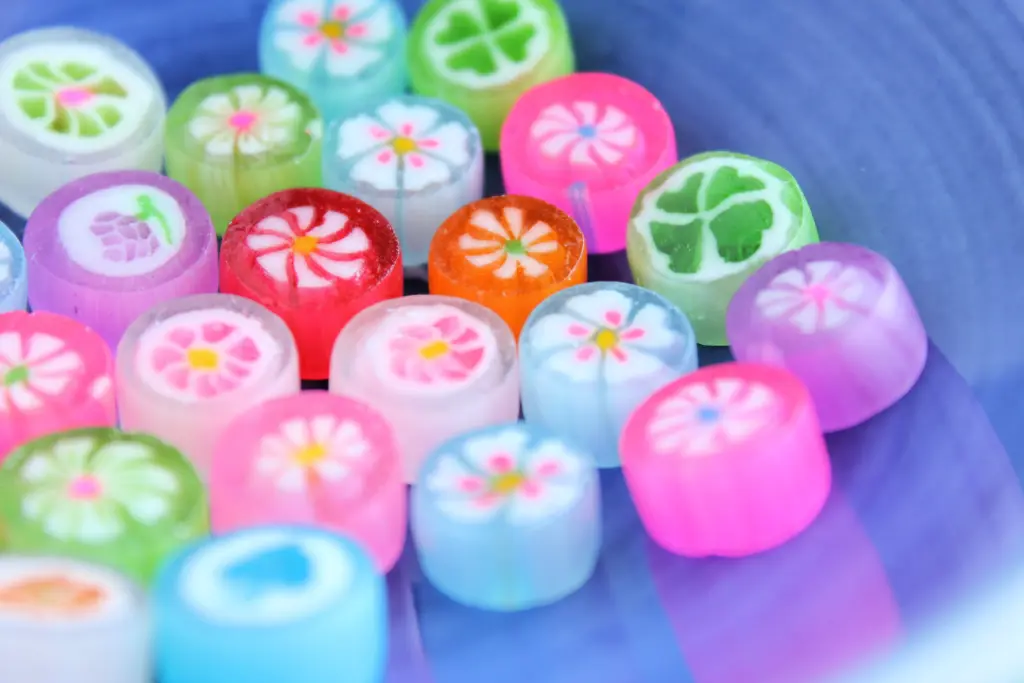 A bowl of colorful Japanese hard candies.