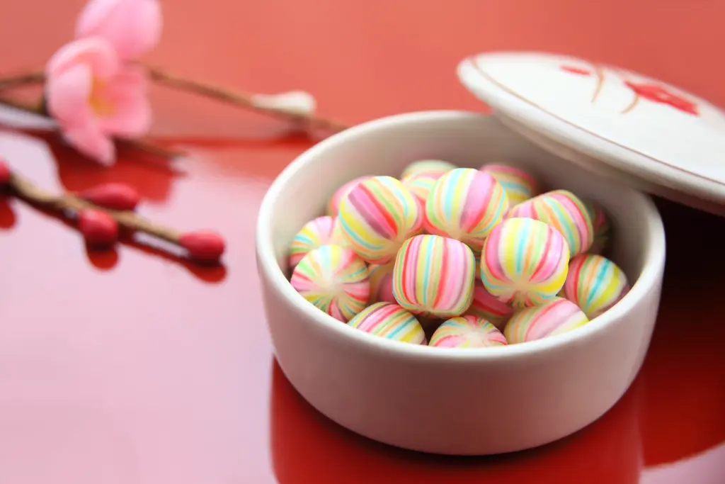 A bowl of colorful hard candies from Japan.