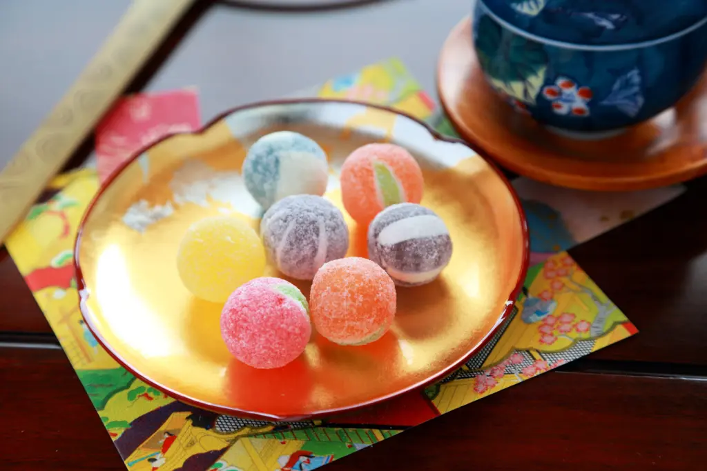 A plate of Kyoame, which are hard candies from Kyoto.