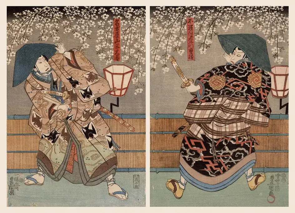 A woodblock of Utagawa Kunisada Toyokuni III's "Samurai Warriors-Under Cherry Blossoms" c 1850s