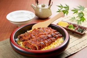 A bowl of hitsumabushi (grilled eel and rice).