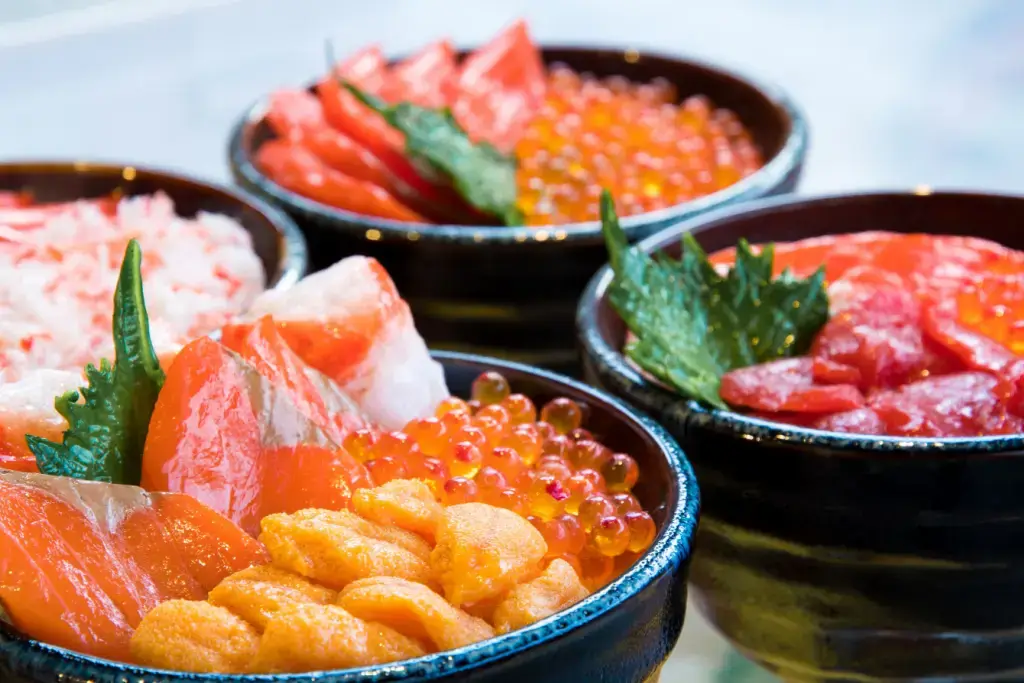 Bowls of Hokkaido seafood, part of a great buffet.