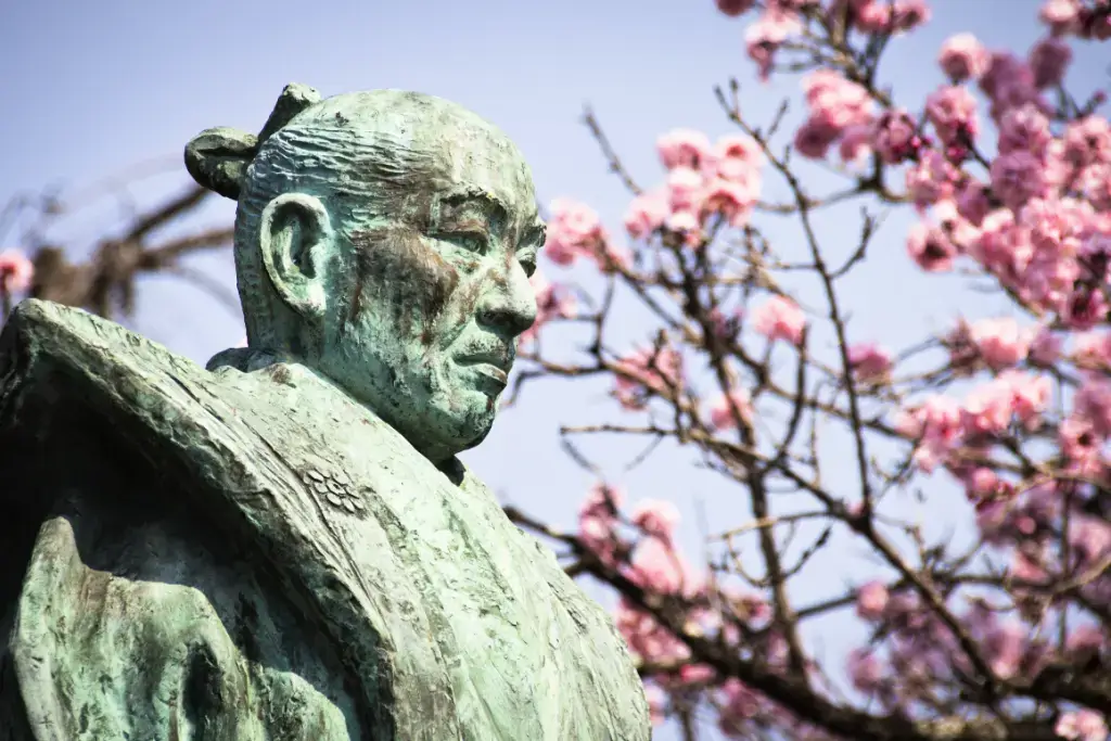 An oxidized statue of a samurai among the cherry blossoms, representing the blades and petals.