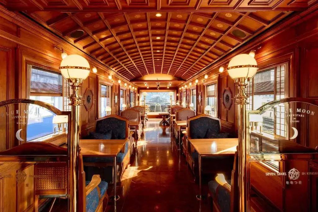 The wooden interior of the Seven Stars Kyushu luxury train ride.