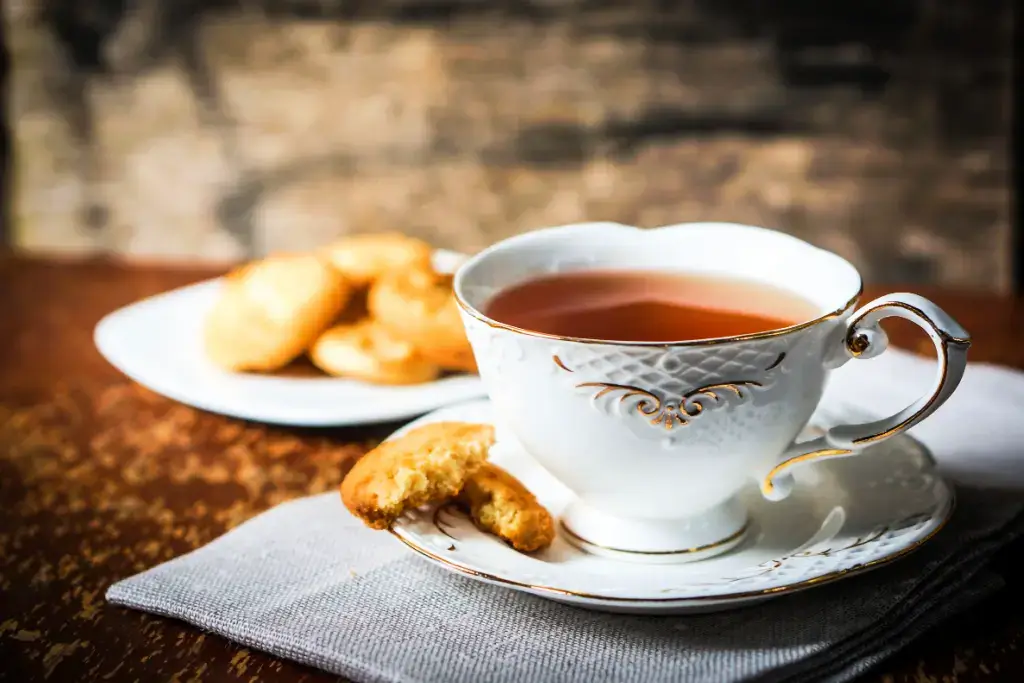 A cup of afternoon tea and biscuits.