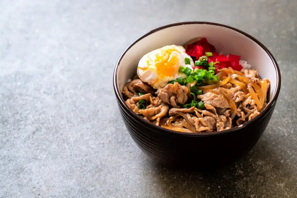 A donburi bowl rice beef and eggs on top.