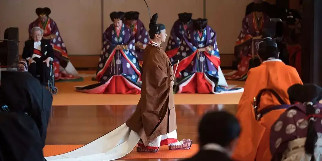 Emperor Naruhito during his ascension ceremony, dressed in traditional garb during Golden Week 2019.