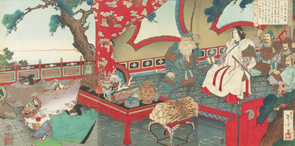 A woodblock painting of Empress Jingu receiving Korean envoys.
