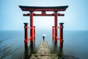 A person standing near Hakone shrine.