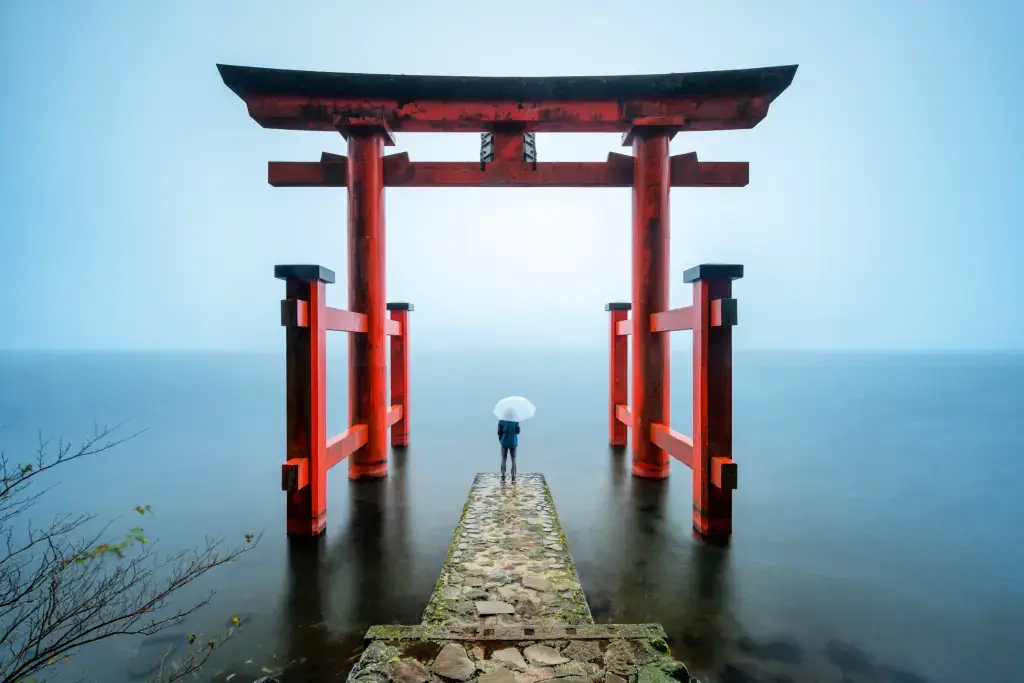 A person standing near Hakone shrine.