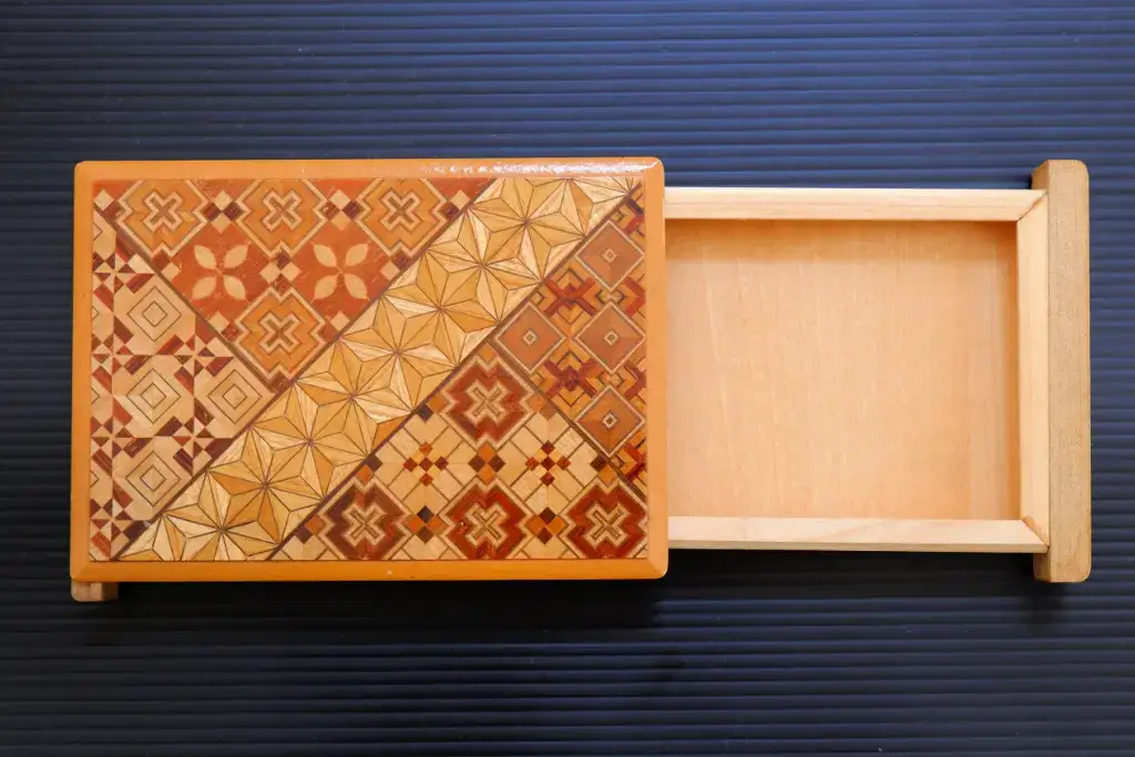 An open Japanese marquetry box.