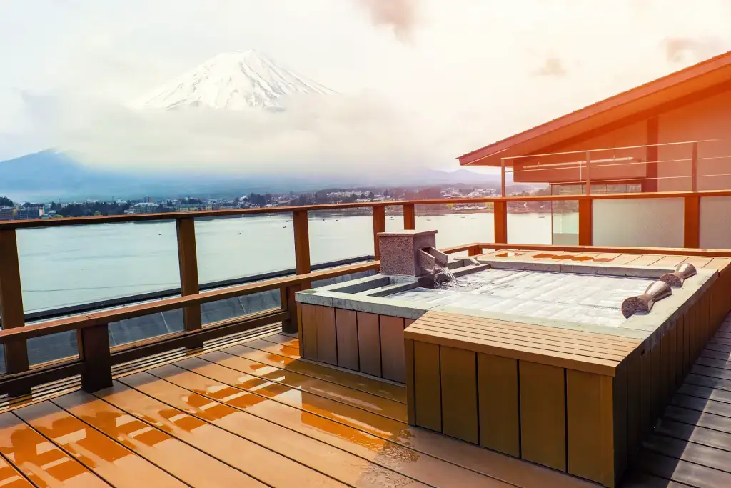 An onsen on a balcony in a Hakone ryokan.