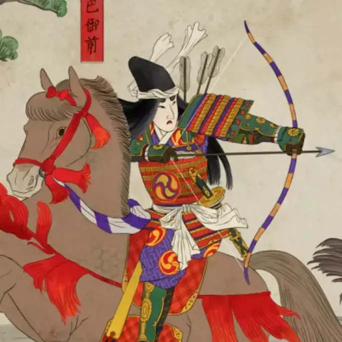 A painting of Tomoe Gozen in elaborate samurai armor on horseback, bow and arrow drawn.