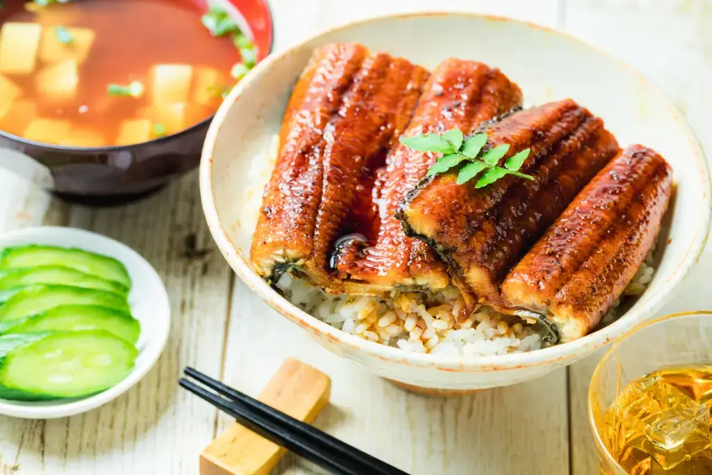 A bowl of unadon (grilled eel rice bowl).