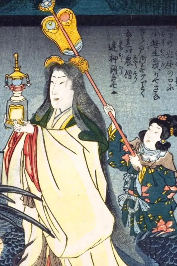 A woodblock print of Empress Gensho with her attendant.