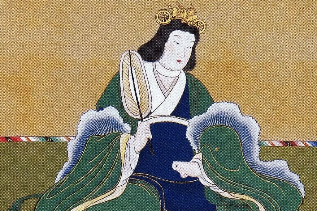 A painting of Empress Suiko in a green robe.