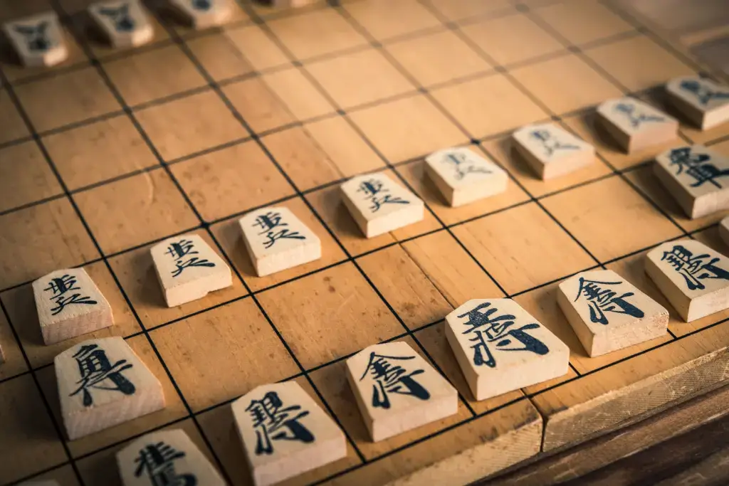 Shogi pieces on a board. it's similar to Japanese chess.