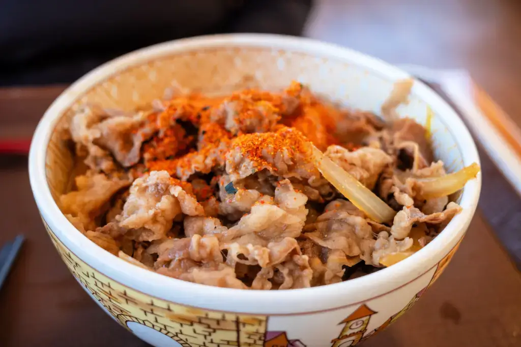 A bowl of donburi with shichimi on top.